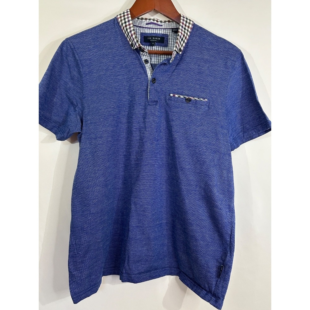 Ted Baker Men's Polo Shirt Midnight Blue Check Collar Pocket 100% Cotton Size 4 - Picture 3 of 10